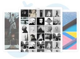 Collage of digital gallery interfaces overlapping, showing a central grid of black-and-white abstract portrait photos flanked by colorful art thumbnails and a muted portrait scene in the background.