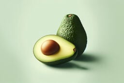 Two avocados on a light green background: one whole and one halved showing the seed and creamy flesh.