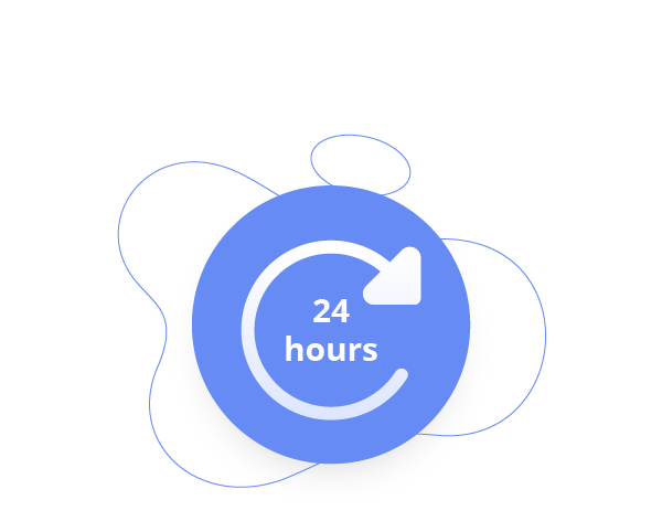 Blue circular icon with a rotating arrow and the text '24 hours' in the center, surrounded by abstract line shapes on a white background