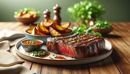 Close-up of a juicy medium-rare grilled steak with chimichurri and reddish-brown sauce, served alongside roasted potato wedges on a rustic wooden table.