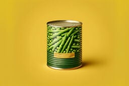 Tin can of green peas with a vivid label showing pea pods and loose peas, set against a solid yellow background.