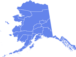 Vector map of Alaska with internal region boundaries highlighted in blue on a white background.