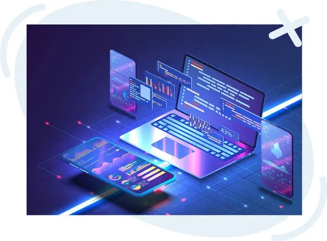 Futuristic illustration of a laptop and smartphones displaying code and analytics dashboards in neon colors