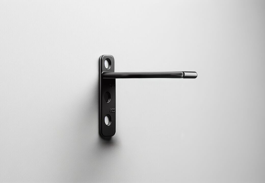 Minimalist black door handle mounted on a light gray wall, shown in profile with a sleek horizontal lever and three mounting holes on the backplate.