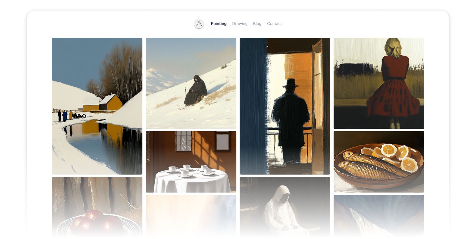 Gallery webpage showcasing a grid of paintings with a minimalist header. The artworks include snowy landscapes with cabins and figures, a silhouetted person in a doorway, a woman in a red dress seated with her back turned, a still life of fish with lemon