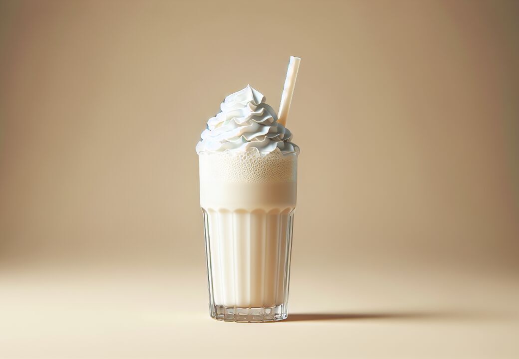 Vanilla milkshake in a clear ribbed glass topped with swirled whipped cream and a straw, set against a soft beige background.