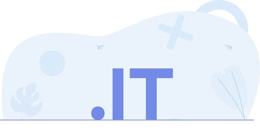 Minimal illustration with large blue letters '.IT' in the foreground, set against a light blue abstract background with soft shapes, leaves, crosses, and small paper airplanes.