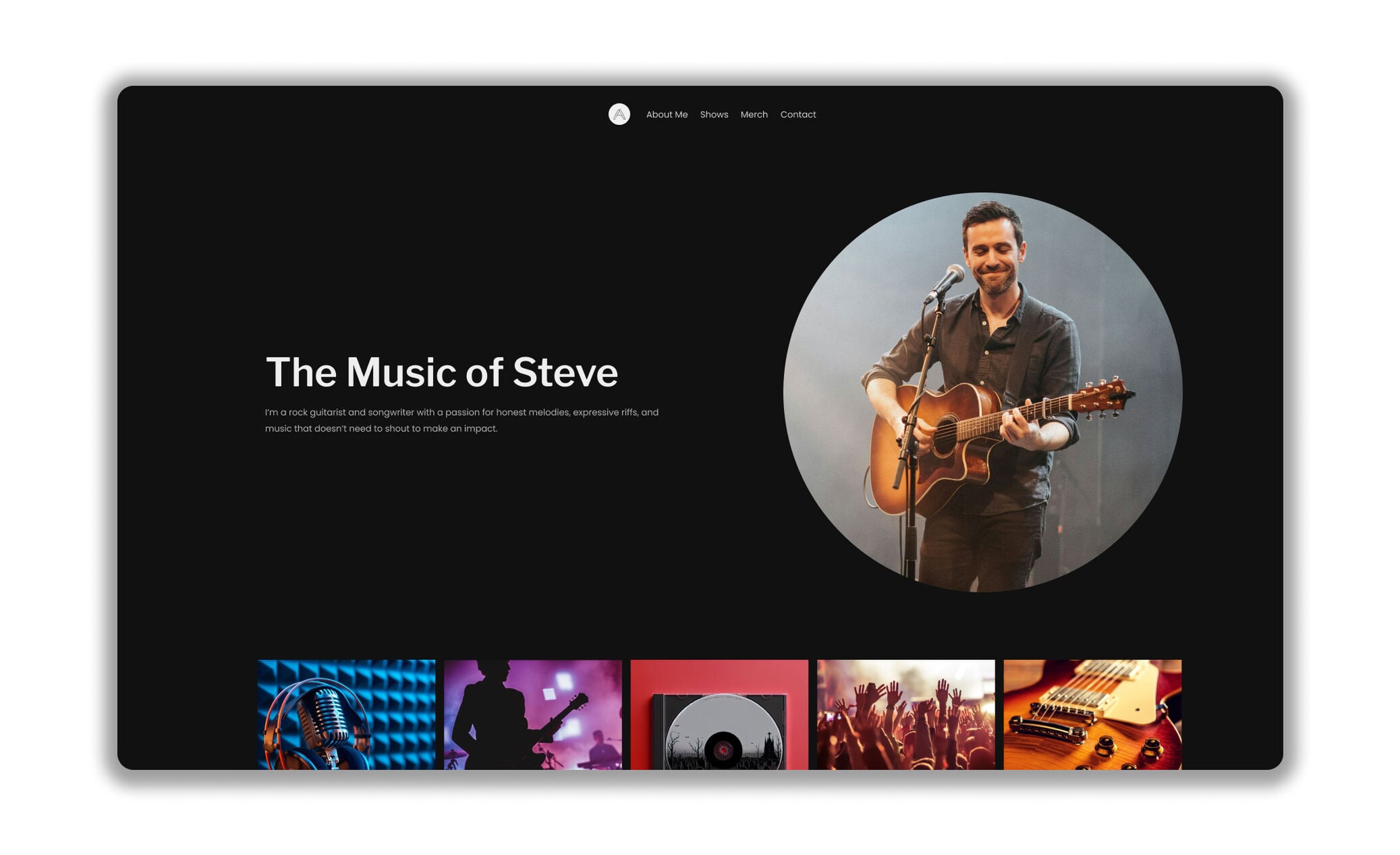 Musician website mockup with guitarist photo and dark theme