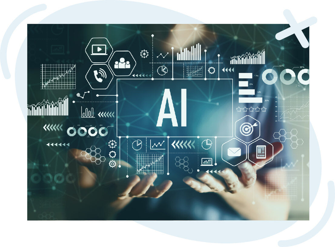 Futuristic interface with the word AI floating above open hands, surrounded by data charts and tech icons.
