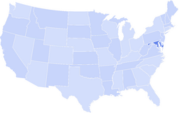 Map of the United States with Maryland highlighted in a darker blue while the rest of the states are in a pale blue.