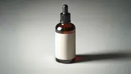 Amber glass dropper bottle with a blank white label standing on a neutral surface under soft studio lighting