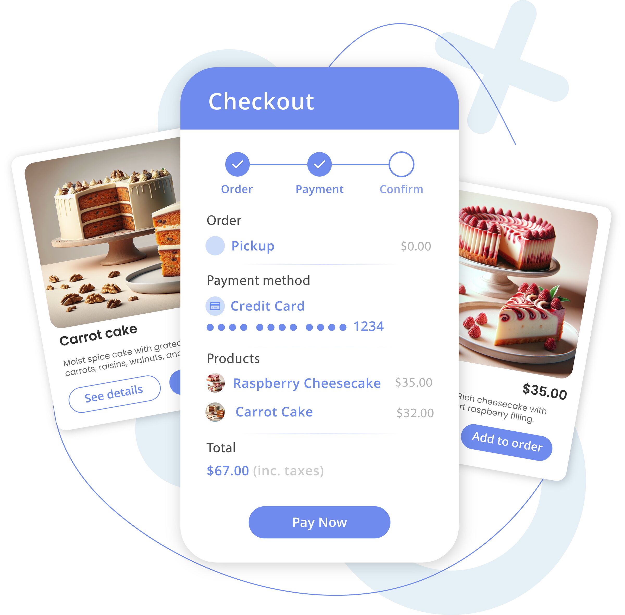Mobile-style checkout UI with dessert product cards and a payment summary overlay.
