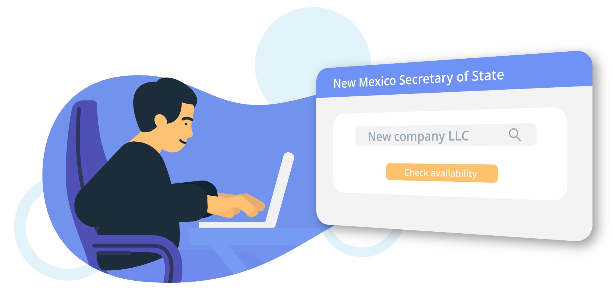 Illustration of a person on a laptop checking a company name’s availability on the New Mexico Secretary of State website.