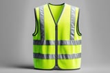High-visibility safety vest in fluorescent yellow with reflective gray stripes, displayed against a neutral gray background.