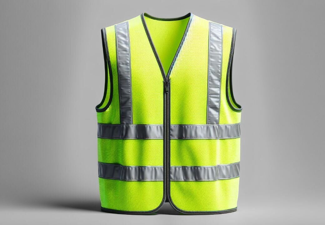 High-visibility safety vest in fluorescent yellow with reflective gray stripes, displayed against a neutral gray background.