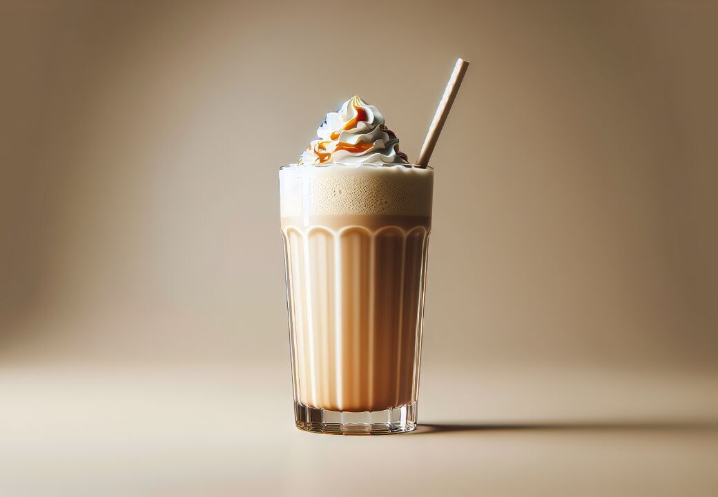 Iced caramel latte in a tall glass topped with whipped cream and caramel drizzle, with a straw, on a neutral background