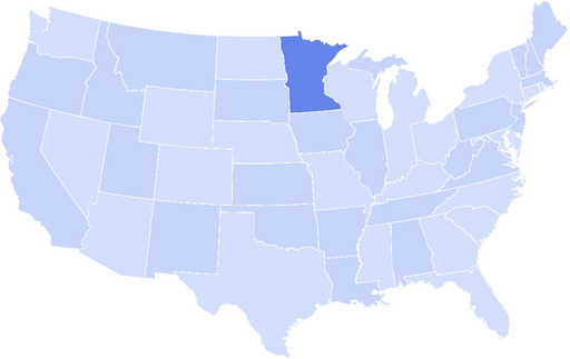 Map of the United States with the state of Minnesota highlighted in a darker blue color while all other states are shown in a lighter blue shade.