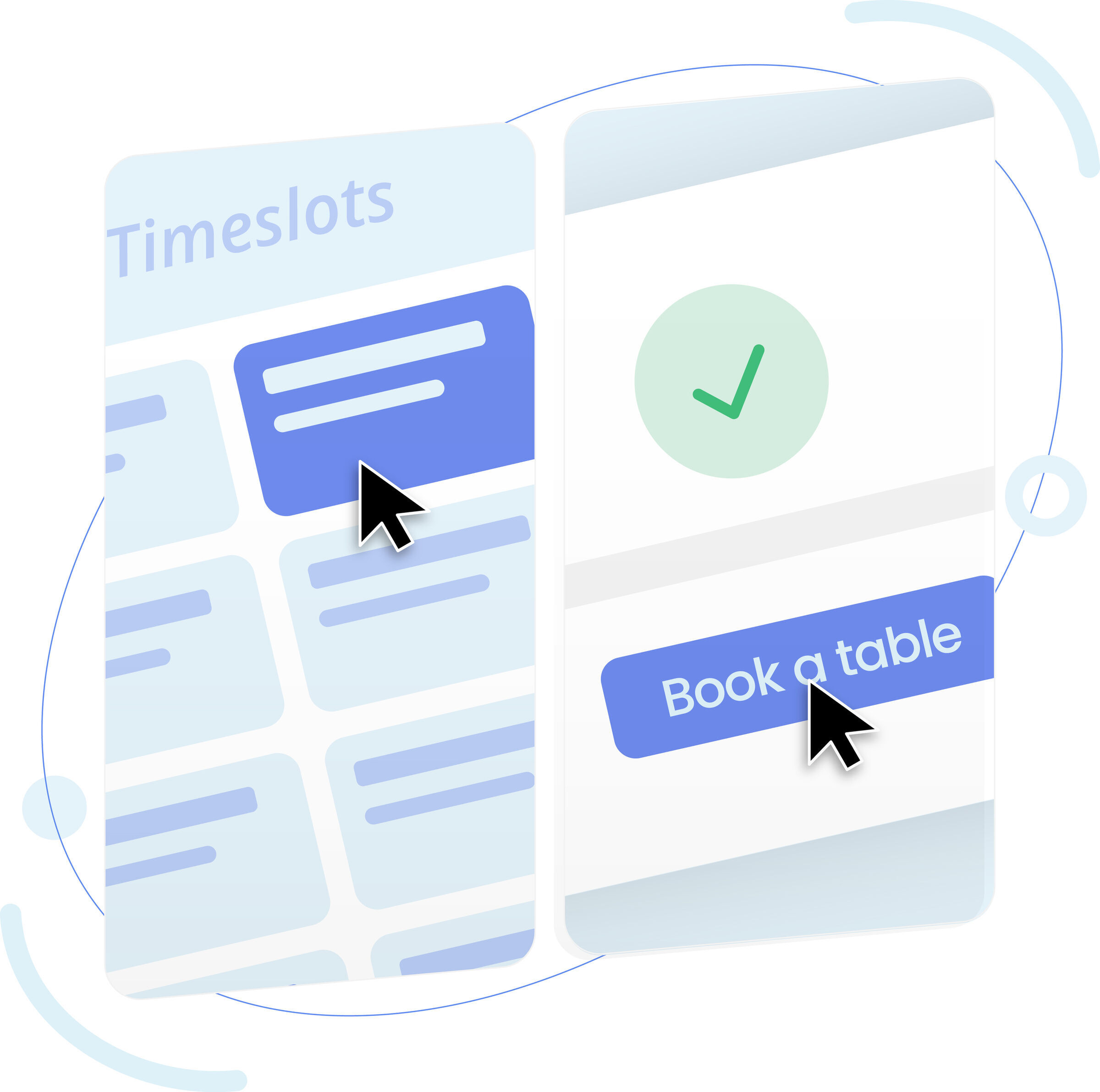 Illustration of a booking interface showing timeslot selection and a confirmation button.