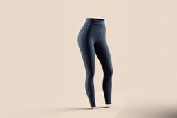 Isolated pair of dark navy high-waisted leggings displayed on a neutral beige background.