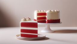 A neatly sliced red velvet layer cake with smooth white frosting, a slice in the foreground on a plate and the remaining cake on a pedestal stand in the background.