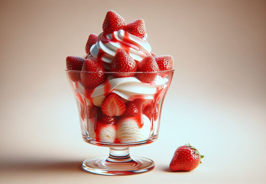 Glass dessert cup filled with vanilla soft serve and scoops of ice cream topped with fresh strawberries and strawberry syrup, with a single strawberry resting beside the cup.