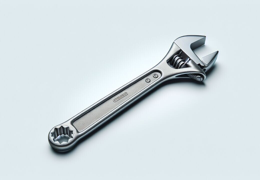Metal adjustable wrench with open jaw and ring end on a light background