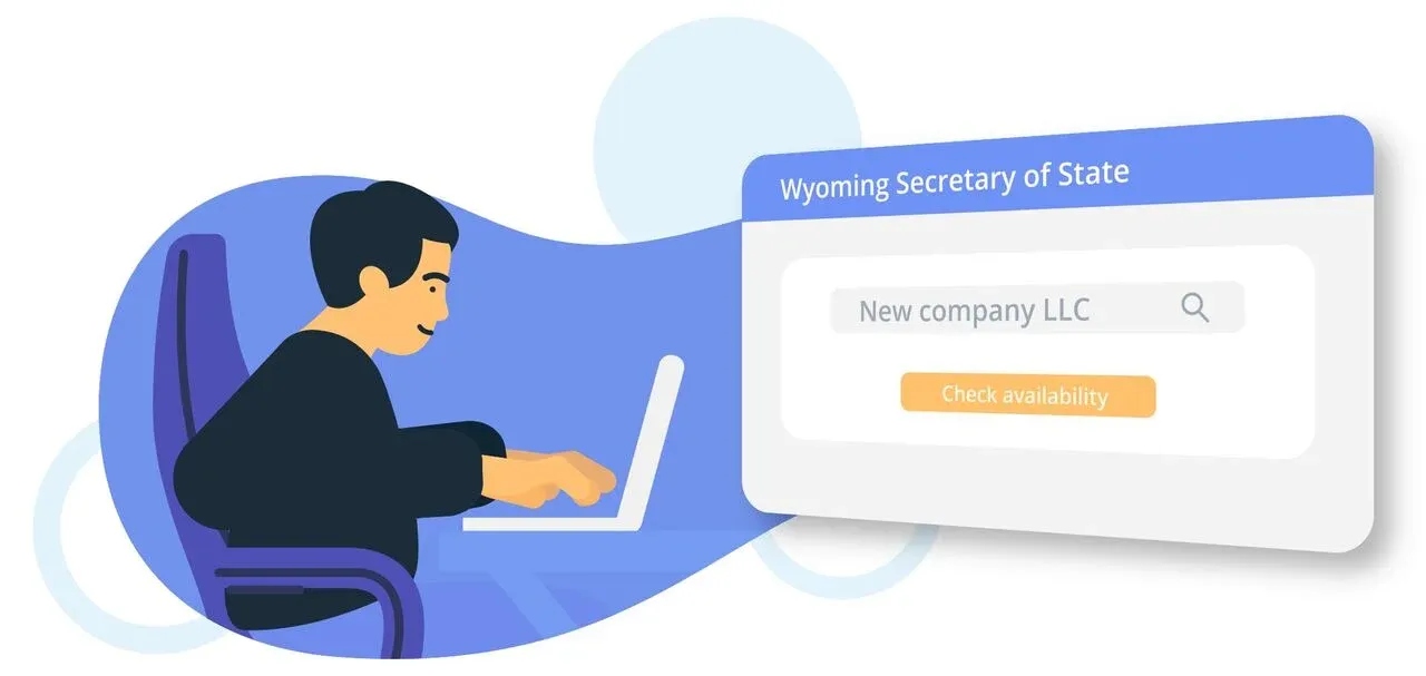 Illustration of a person using a laptop to search a business name on the Wyoming Secretary of State website.