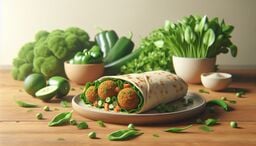 Falafel wrap on a plate surrounded by fresh green vegetables and herbs on a wooden table.