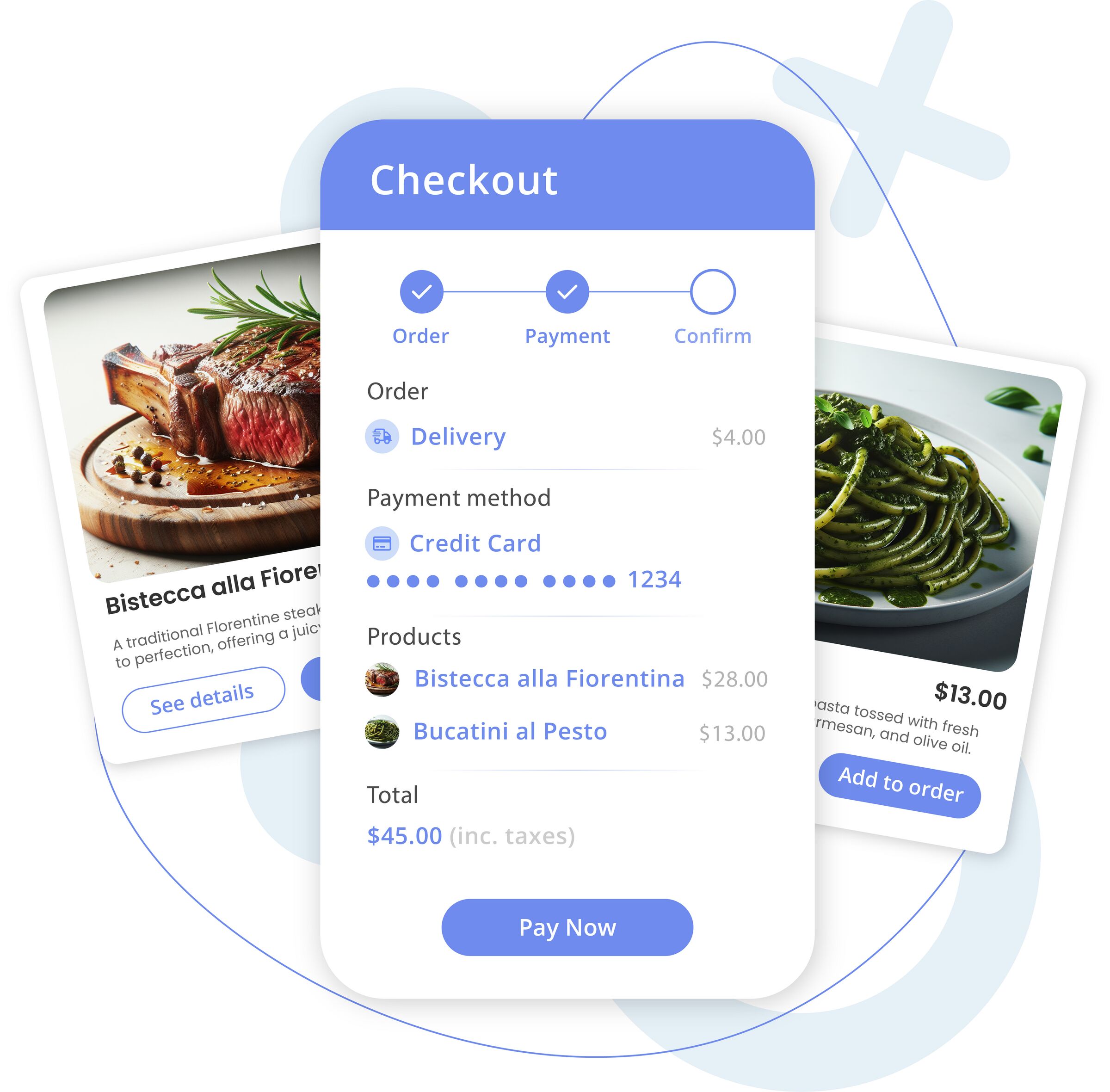 Food delivery app checkout UI with order steps, payment method, selected dishes, and total amount overlaid on food cards.