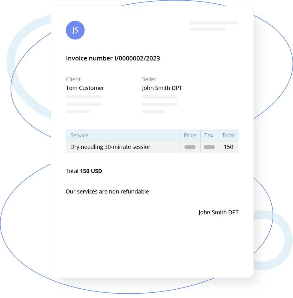 Minimal invoice mockup for a dry needling session showing client, seller, service, and total amount due.
