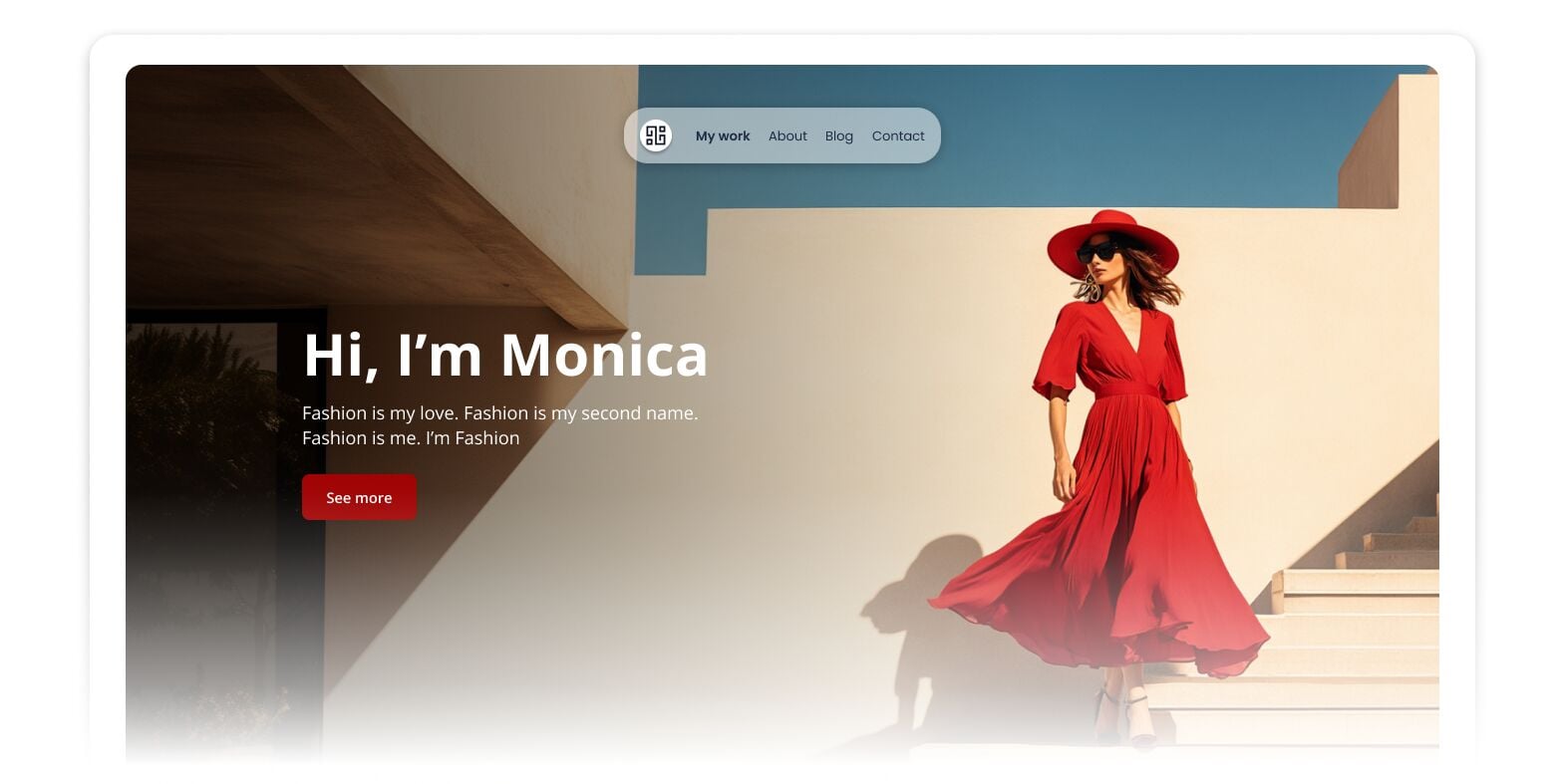 Website hero section for a fashion portfolio featuring a stylish woman in a flowing red dress and wide-brimmed hat walking down modern beige steps under a blue sky, with bold text reading “Hi, I’m Monica" and a navigation menu.