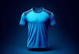 Floating blue athletic T-shirt on a dark gradient background, illuminated to show fabric texture and mesh panels on the shoulders.
