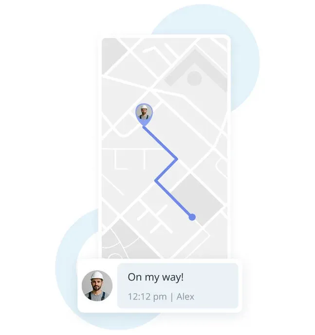 Mobile app mockup showing a simplified map with a blue route line and a worker status message saying 'On my way!'