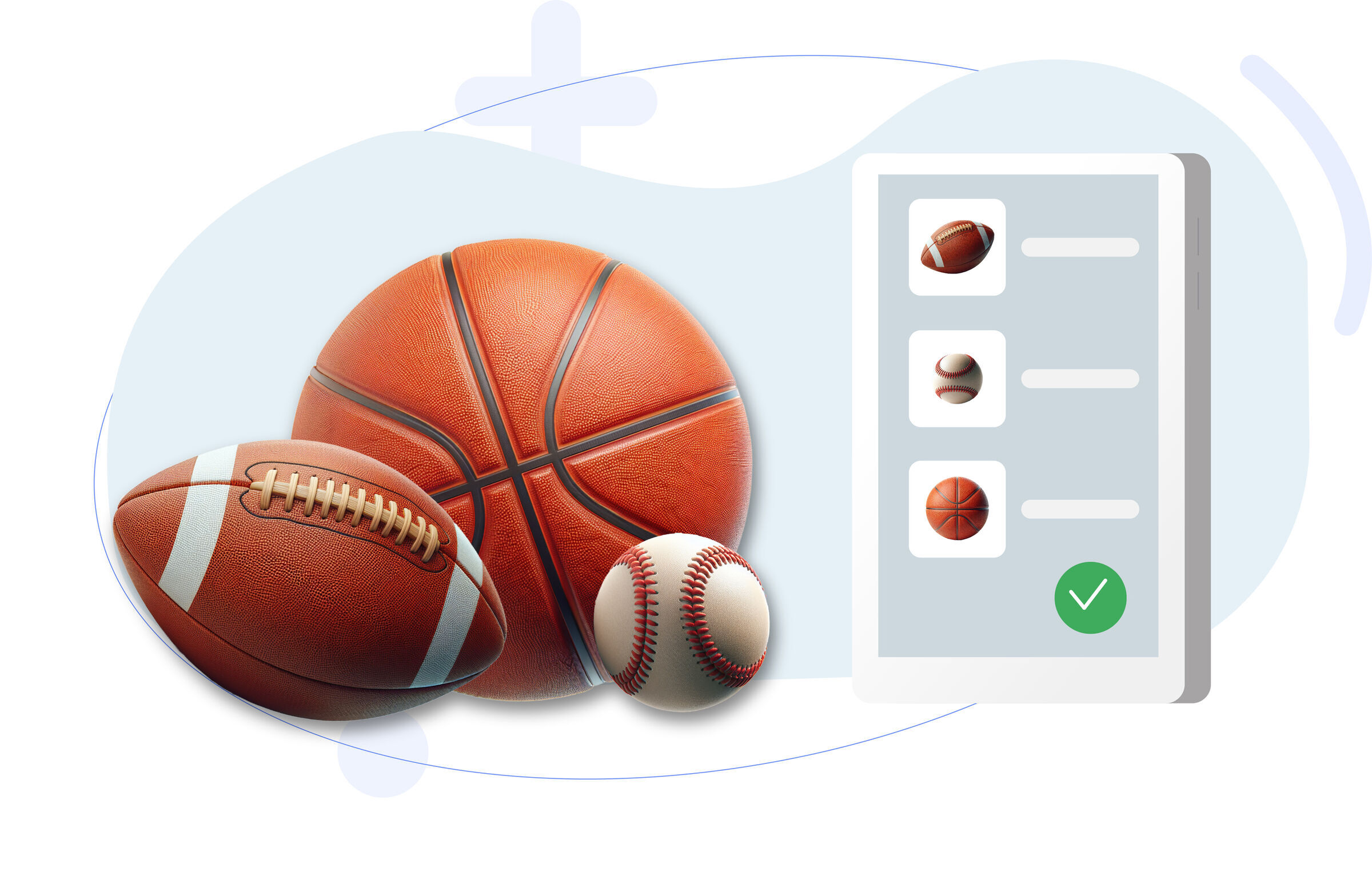 Illustration of sports balls—a basketball, American football, and baseball—beside a smartphone screen showing a checklist with ball icons and a green check mark.