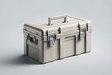 Beige hard-plastic toolbox with a top carry handle and metal latches, shown on a light gray background.