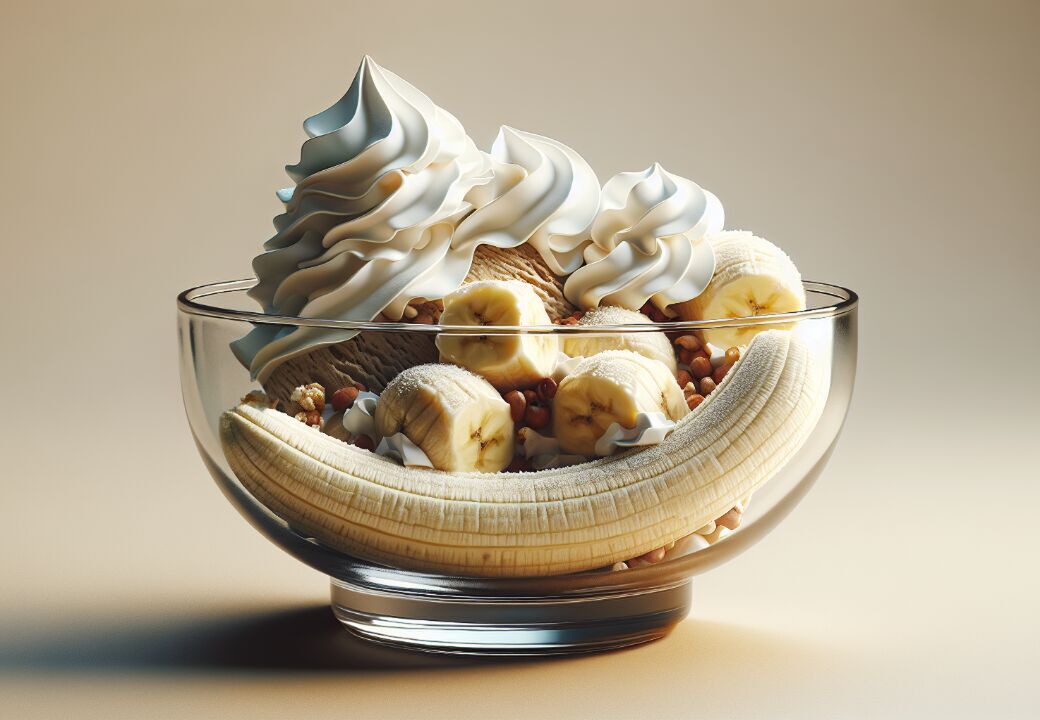 Glass bowl banana split with whipped cream, ice cream, and nuts.
