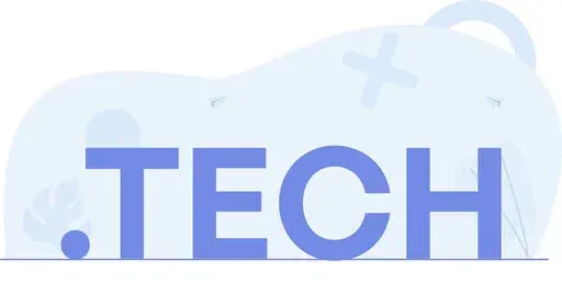 Minimalist illustration with large blue text reading .TECH against a pale abstract background.