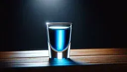 A small clear glass filled with vivid blue liquid on a wooden table under dramatic lighting