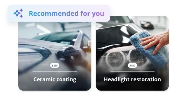 Two recommended car services: ceramic coating and headlight restoration, each shown with a photo and price tag.