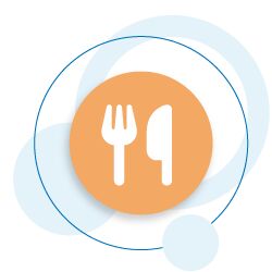 Icon of a fork and knife on an orange circle with overlapping translucent blue circles in the background.