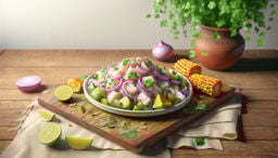A fresh ceviche-style salad with diced white fish, red onion, cilantro, and lime wedges on a wooden board, surrounded by lime slices, zucchini pieces, corn cobs, and a rustic clay pot with cilantro.