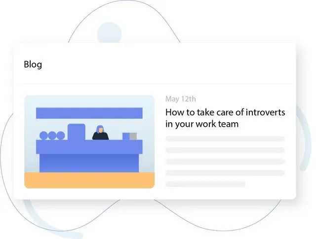 Minimal blog card UI showing a post preview with an illustration on the left and text on the right. The card headline reads "How to take care of introverts in your work team" with a date of May 12th. The illustration uses blue and orange blocks with a sma