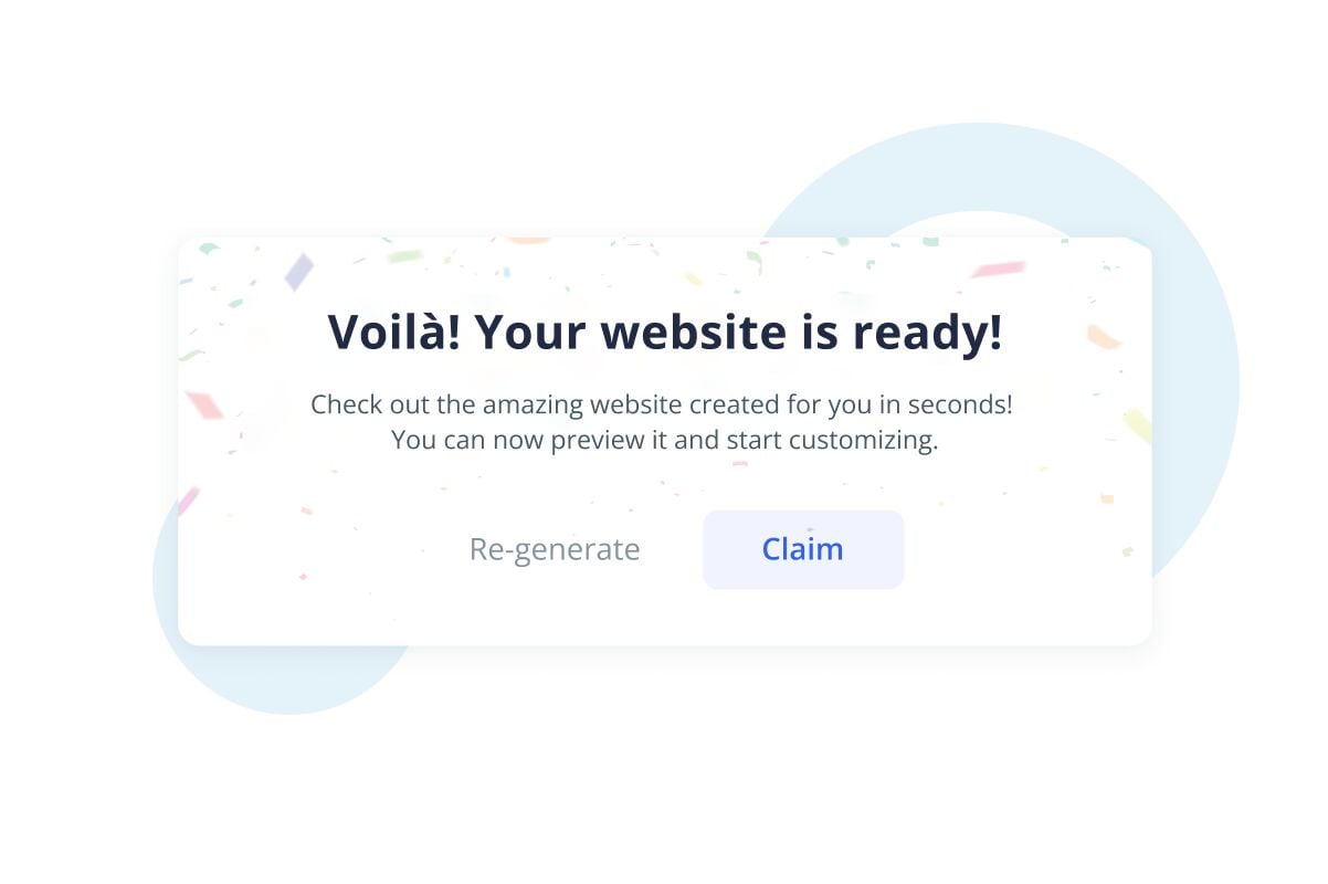 Popup message saying 'Voilà! Your website is ready!' with options to Re-generate or Claim.