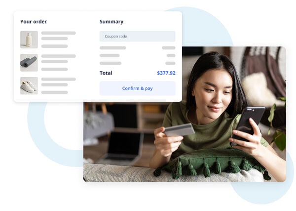 Person shopping online on a phone while holding a credit card, with an overlaid checkout summary graphic showing items, coupon field, total amount, and a Confirm & pay button.