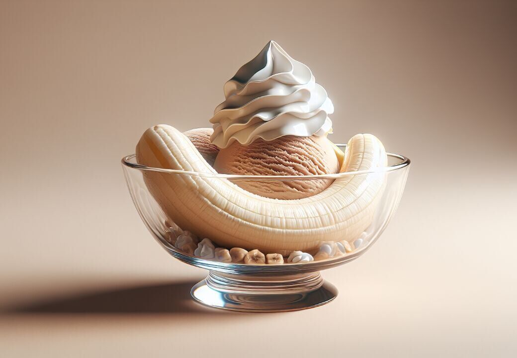 Elegant dessert bowl with a banana split topped with whipped cream.