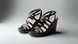 Pair of black strappy wedge sandals on a neutral gray background.