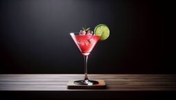 Close-up of a red cocktail in a martini glass with ice cubes, garnished with a lime wheel and cherry, set on a wooden surface against a dark background.