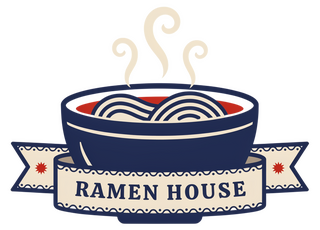 Ramen House logo featuring a steaming noodle bowl in navy and cream with a ribbon banner