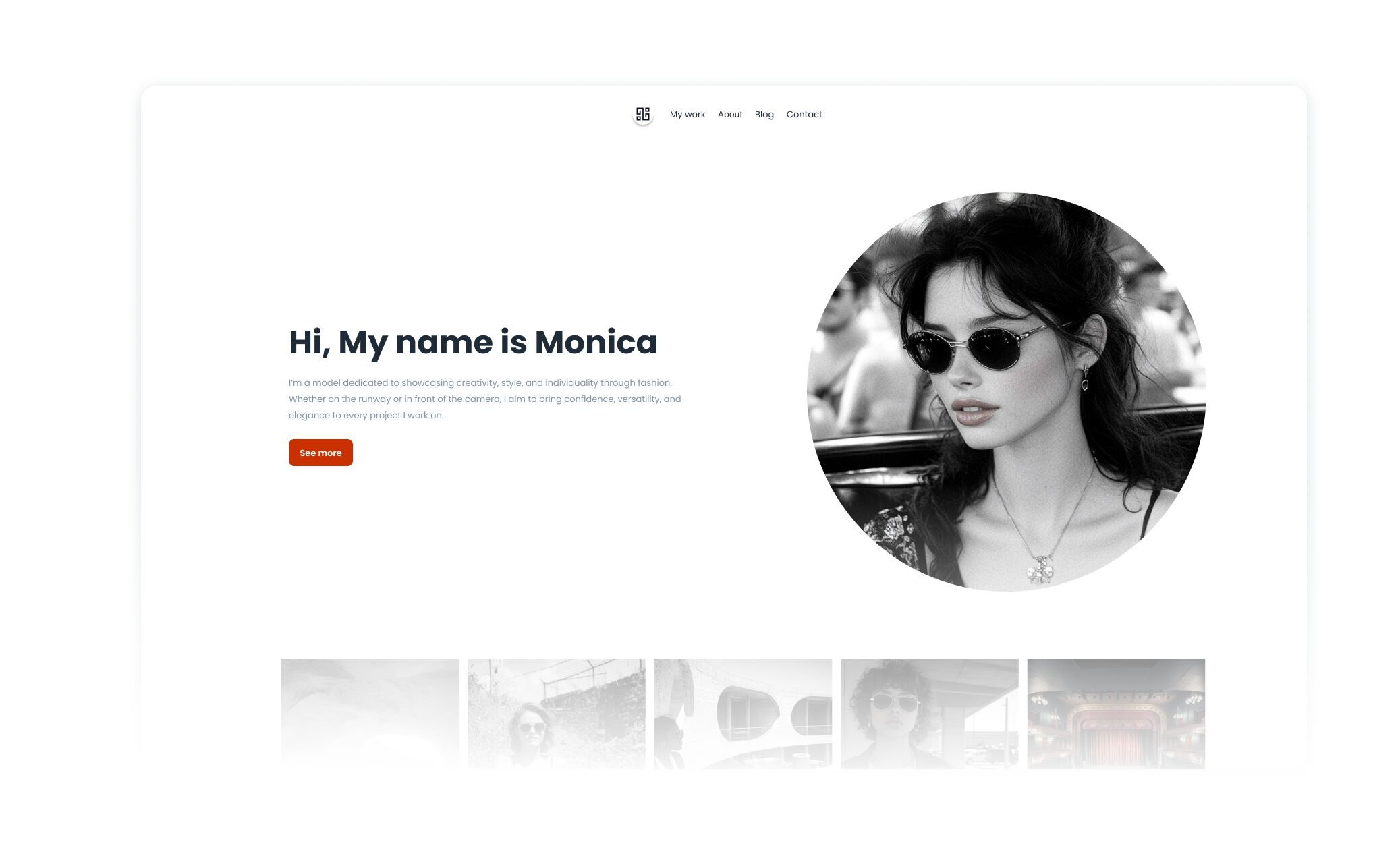 Minimal personal portfolio website hero section with a large circular black‑and‑white portrait of a woman wearing sunglasses at right, and bold headline text on the left reading “Hi, My name is Monica," followed by a short bio and an orange “See m