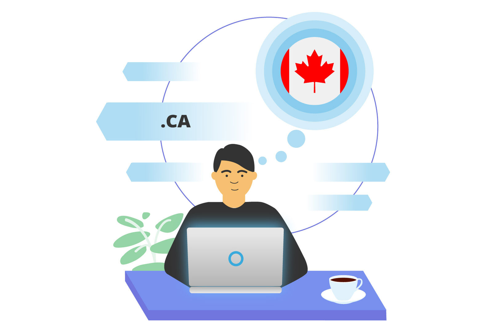 Illustration of a person working on a laptop with a thought bubble showing the Canadian flag and the text .CA, suggesting Canadian domain or online activity.